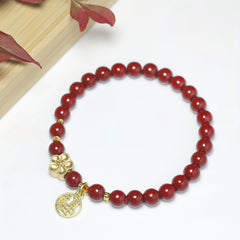 Fashion Red Sandalwood Bead Bracelet with Flower Charm & Double Happiness Pendant – Feng Shui Enhanced Energy for Career & Love