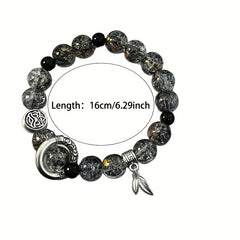 1 Stylish Glass Bead Stretch Bracelet with Pendant - Unisex Black & Gold Design for Casual Wear & Energy Balance