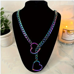 Women's Heart-Shaped Pendant Necklace - Silver Chain with Rainbow Gradient & Dual Heart Design for Emotional Balance & Spiritual Harmony