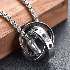 Alpaca 3-Ring Stainless Steel Pendant Necklace for Men: White Cubic Zirconia for Clarity & Protection