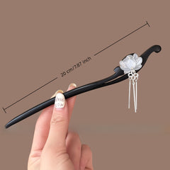Vintage Floral Hairpin - Elegant Wooden Hair Stick with Silver Tassels for Mindful Energy & Fairy-Tale Hairstyles