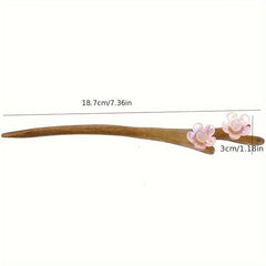Elegant Vintage Mahogany Blossom Hairpin - Chinese Style Floral Hair Clip with Pink Blossoms & Green Leaves for Weddings & Daily Use
