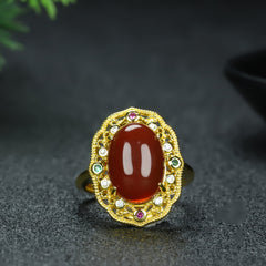 Vintage Palace Style Red Agate Adjustable Ring - Wealth, Flower Symbol & Valentine's Day Gift Jewelry