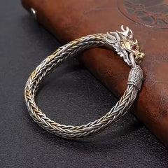 Vintage Dragon Head Bracelet - Handmade Intertwined Design with Red Eyes & Textured Finish for Men