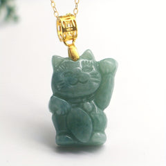 High-Grade Green Aventurine Beckoning Cat Pendant Necklace for Prosperity, Luck, and Positive Energy