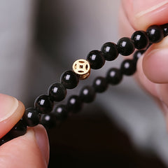 Natural Obsidian Beaded Bracelet - 14K Gold Plated Charm for Wealth Attraction & Spiritual Protection