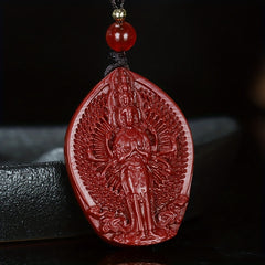 Thousand-Handed Character Cinnabar Pendant Necklace – Spiritual Protection & Prosperity Energy