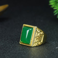 Vintage Gold & Green Agate Men's Ring Tree of Life Design, Grounding & Vitality