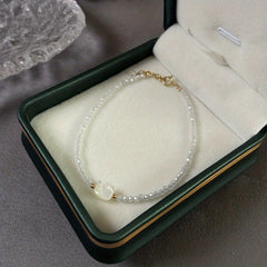 Delicate Adjustable Cat Charm Bracelet - Black & Pearl White Crystals for Spiritual Energy