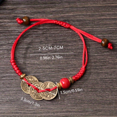 Red Braided Coin Charm Bracelet - Traditional Chinese Accessory for Luck & Prosperity