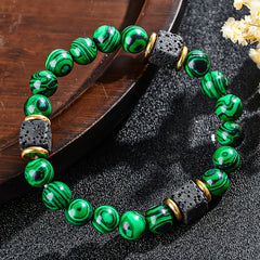 Men's Natural Stone Bead Bracelet — Wealth Attracting Green Malachite & Volcanic Stone Energy Jewelry