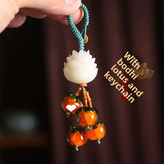 Lucky Persimmon Lotus Keychain – Energizing Orange Glass Persimmons with White Lotus, Heart Charm – Harmonious Luck & Prosperity