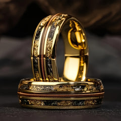 18K Gold Guitar String Band Ring Set - Unique Mosaic Design for Music Lovers