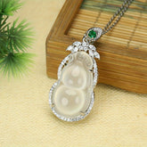 Vintage Gourd-Shaped White Agate Pendant Necklace for Good Fortune, Harmony, and Elegant Style