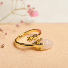 Sheep Fat White Jade Orchid Ring with Turquoise | Elegant Feng Shui Jewelry for Peace & Wisdom