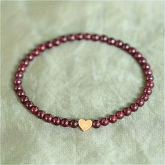 Red Garnet Bead Bracelet with Golden Heart Charm - Lucky Jewelry for Daily Elegance & Spiritual Harmony
