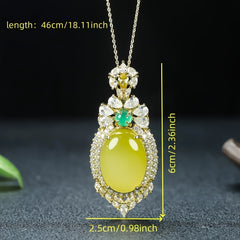 Elegant Retro Oval Chicken Oil Yellow Jade Necklace with Cubic Zirconia - Grounding Energy & Vintage Charm for Casual & Formal Wear