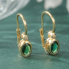 Elegant Golden Hoop Earrings with Synthetic Green Zirconia: Vintage French Style for Weddings & Spiritual Harmony