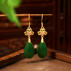 Golden-Plated Green Synthetic Stone Dripping Earrings Spiritual Energy Prosperity Charm for Dating & Vacation