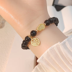 Obsidian Gourd Bracelet - Gold Accents for Wealth & Longevity with Spiritual Protection