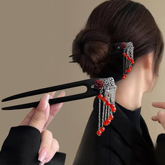 Elegant Chinese Hairpin - Vintage Asian Hair Stick with Red Tassels & Floral Accent