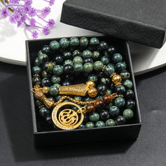 Natural Blue-Green Agate Tasbih with Golden Accents - Islamic Prayer Beads for Men - Spiritual Energy & Focus