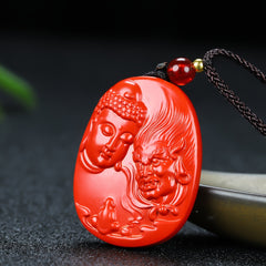 Red Cinnabar Buddha and Demon Pendant for Spiritual Protection, Karmic Balance, and Energy Cleansing