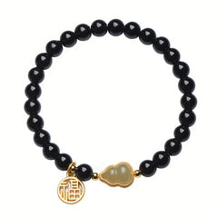 Obsidian Gourd Bracelet - Gold Accents for Wealth & Longevity with Spiritual Protection