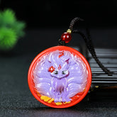 Hand-Painted Cinnabar Nine-Tailed Fox Pendant for Prosperity & Love, Unisex Spiritual Amulet with Lotus Design
