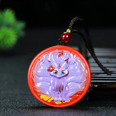 Hand-Painted Cinnabar Nine-Tailed Fox Pendant for Prosperity & Love, Unisex Spiritual Amulet with Lotus Design