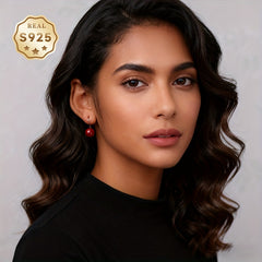 Cinnabar Earrings 925 Silver - 10mm Red Bead for Energy Balance & Protection - Traditional Chinese Jewelry