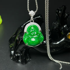 Joyful Green Stone Laughing Buddha Pendant for Prosperity, Happiness & Positive Energy