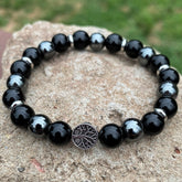Men's & Women's Fashion Bracelet - Natural Stone Obsidian & Hematite with Tree Pendant for Energy Balance