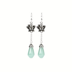 Elegant Lotus Flower Earrings - Silver Tone with Light Green Teardrop for Harmonious Energy