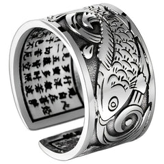 Retro Ethnic Koi Fish Adjustable Ring - Enhance Luck & Wealth with Scripture Engravings