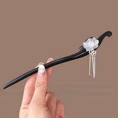 Vintage Floral Hairpin - Elegant Wooden Hair Stick with Silver Tassels for Mindful Energy & Fairy-Tale Hairstyles