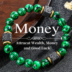Men's Natural Stone Bead Bracelet — Wealth Attracting Green Malachite & Volcanic Stone Energy Jewelry