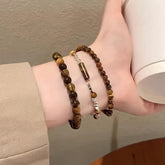 3pcs Vintage Silvery Tiger-Eye Bead Bracelets - Retro Chinese Style for Daily Wear & Energy Balance