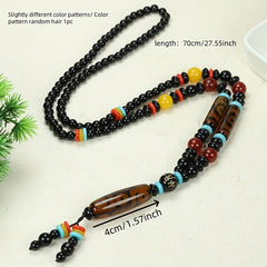 Tibetan Black Agate Necklace with Green Dzi Bead for Protection, Wealth, and Spiritual Balance