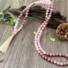 Rose Quartz & Rhodonite Mala Necklace — A String of Pauses for the Overthinking Mind