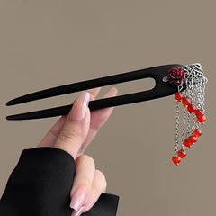 Elegant Chinese Hairpin - Vintage Asian Hair Stick with Red Tassels & Floral Accent