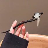 Chinese Lotus Hairpin with Black/Brown Fringe Tassel & White Lotus Flower - Elegant Traditional Hair Stick for Weddings & Prom - Vintage Asian Hair Accessories