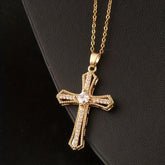 Golden-Tone Cross Pendant Necklace with Synthetic Zirconia - Christian Religious Jewelry for Men, Durable Fashion Gift