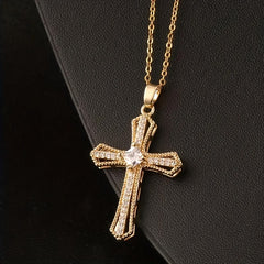 Golden-Tone Cross Pendant Necklace with Synthetic Zirconia - Christian Religious Jewelry for Men, Durable Fashion Gift