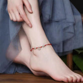 Hand-Woven Red Rope Ankle Chain with Imitation Jade Beads - Retro Resin Ankle Bracelet for Happiness & Good Luck, Casual Everyday Symbolic Accessory