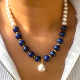 Handcrafted Bohemian Lapis Lazuli Pearl Necklace Elegant Gift for Daily Wear