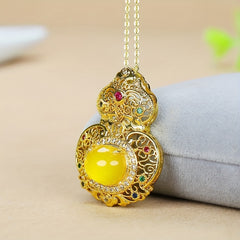 Chinese Gourd Pendant Necklace with Natural Stone - Prosperity & Protection Energy for Lucky Wear