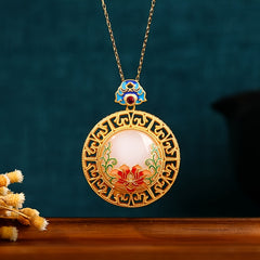 Golden Lotus Pendant Necklace | Spiritual Energy & Vintage Craft with Hand-Painted Jade Accents