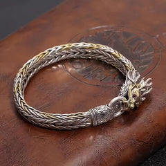 Vintage Dragon Head Bracelet - Handmade Intertwined Design with Red Eyes & Textured Finish for Men