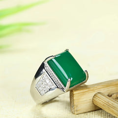 Vintage-Inspired Men's Green Agate Ring | Adjustable Square Statement Piece for Grounding & Prosperity